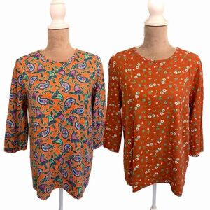 Lot Of 2 BLAIR Boho Print Floral Blouses Multi Color Tops Womens Sz Large Shirts